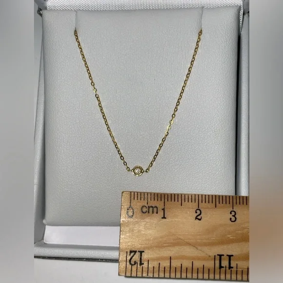 Solid 14K Yellow Gold Natural Diamond Solitaire XS Bezel Necklace Minimalist - Picture 7 of 13